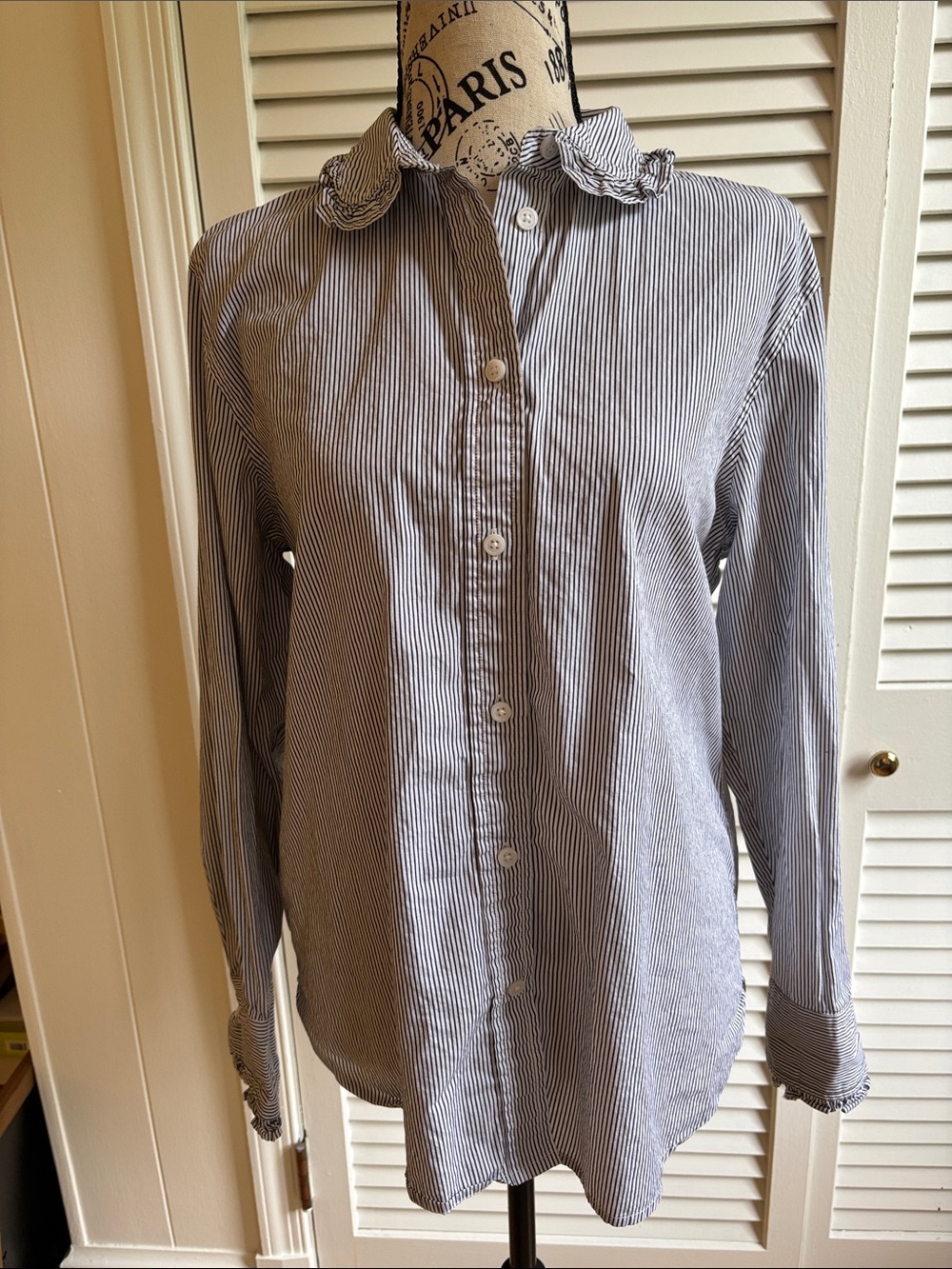 J. Crew Navy and White Striped Button Down Shirt Ruffle Collar 12